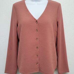 Women's V-Neck Button-Up Top Blouse Relaxed Fit Long Sleeve SIZE SMALL Petite